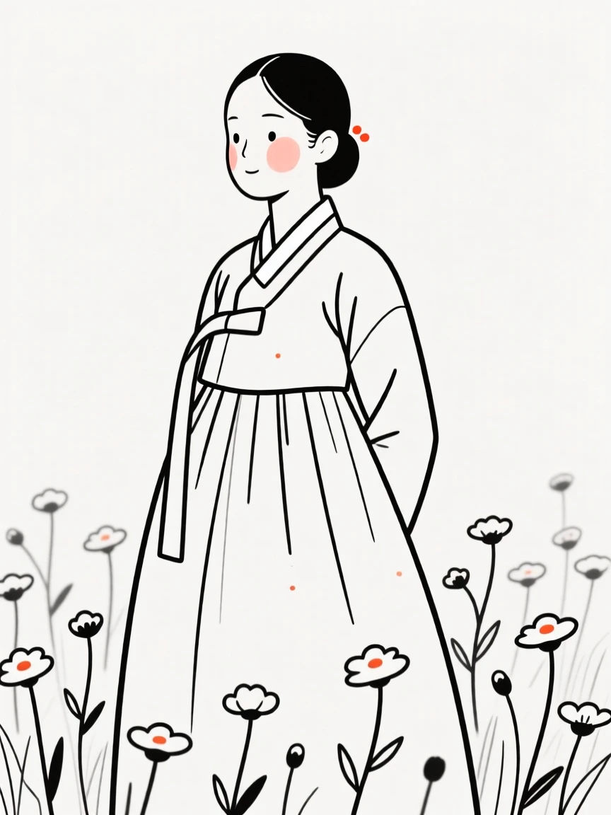 A working professional of Iranian heritage wearing a Korean hanbok, glowing with nostalgia, in a field of wildflowers.