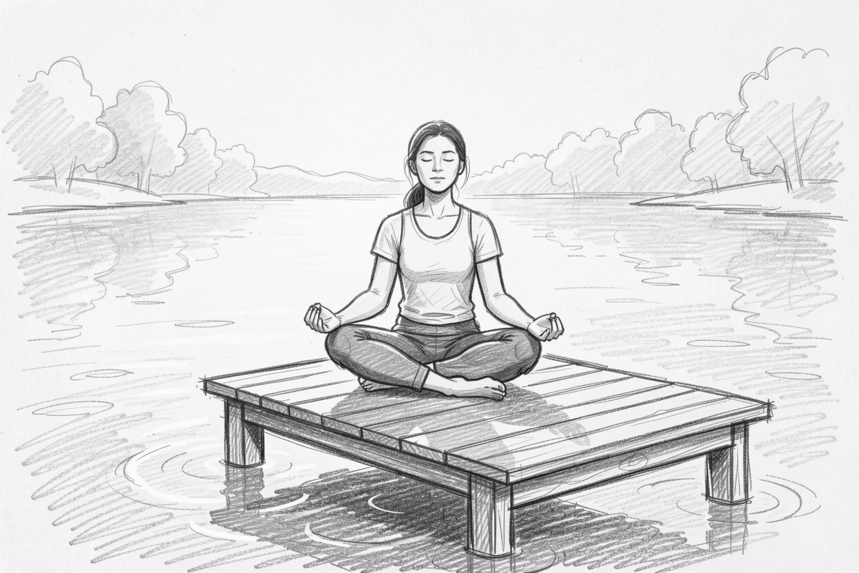 A peaceful moment of a person practicing yoga on a still lake at dawn in complete stillness and silence, radiating quiet hope and renewal.