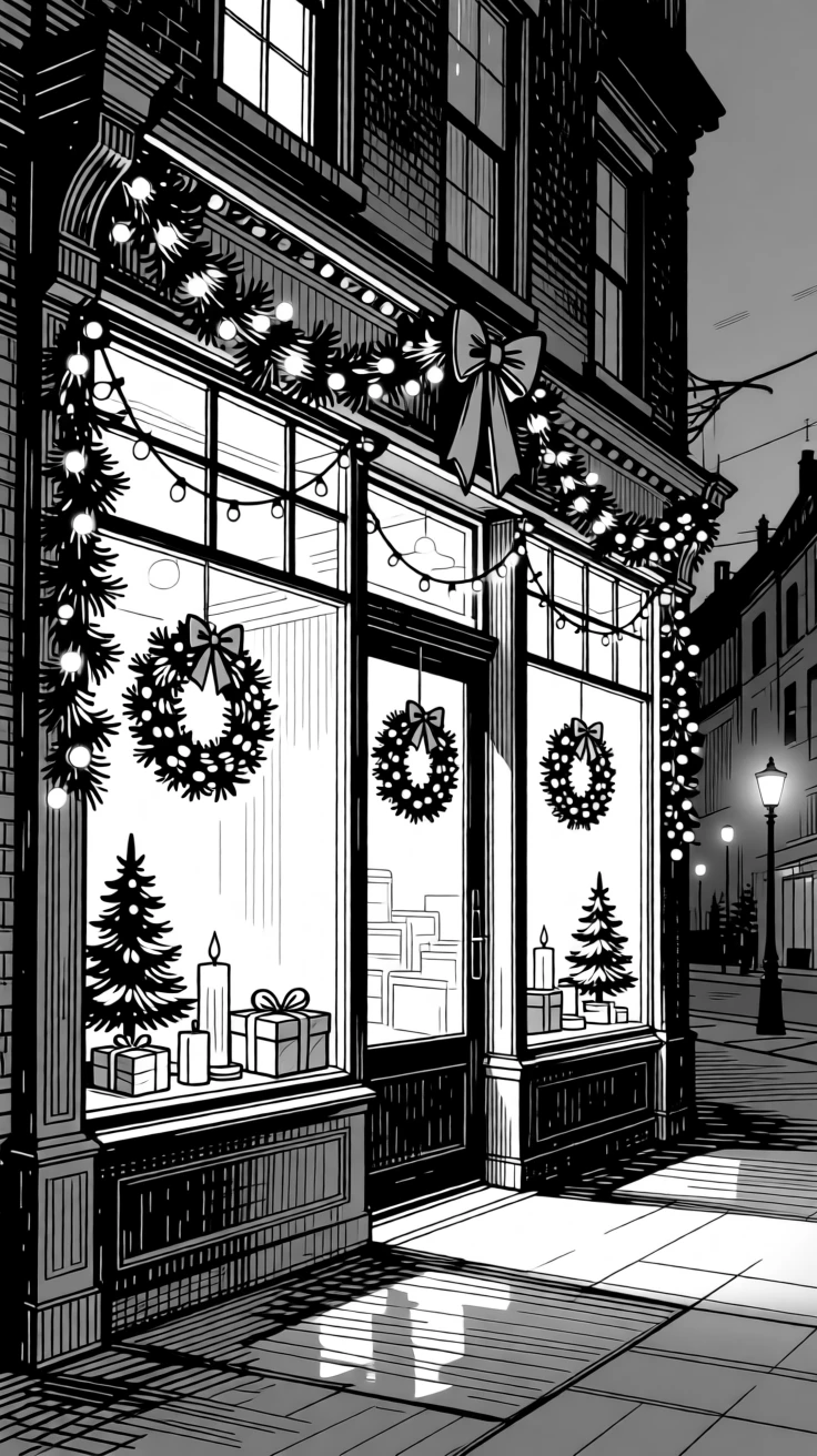 A beautifully decorated holiday storefront glowing softly at dusk.