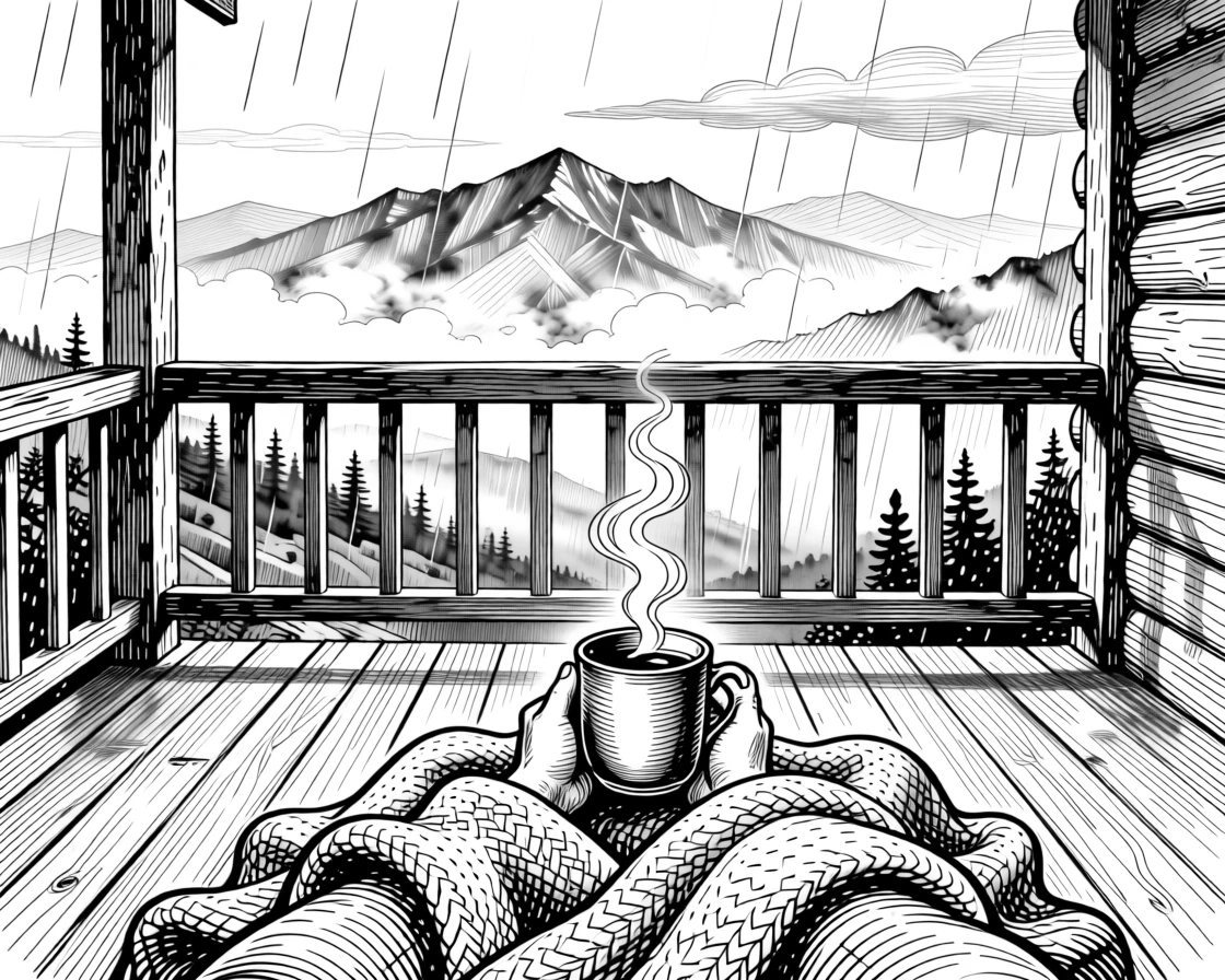 A cabin porch with a view of misty mountains beneath a soft wool blanket on a rainy afternoon, with the gentle curl of steam from a warm drink, evoking a restfully serene sense of calm.