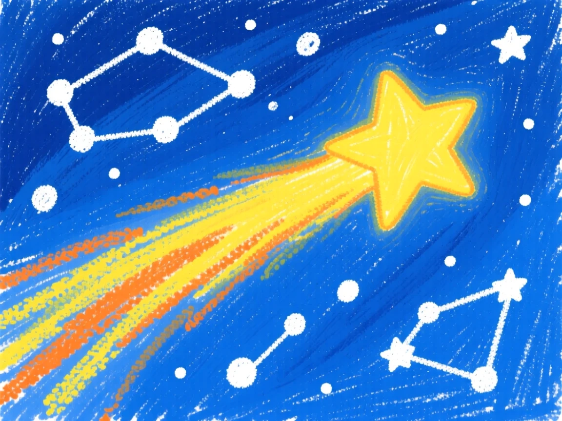 A shooting star streaking across a sky full of constellations.