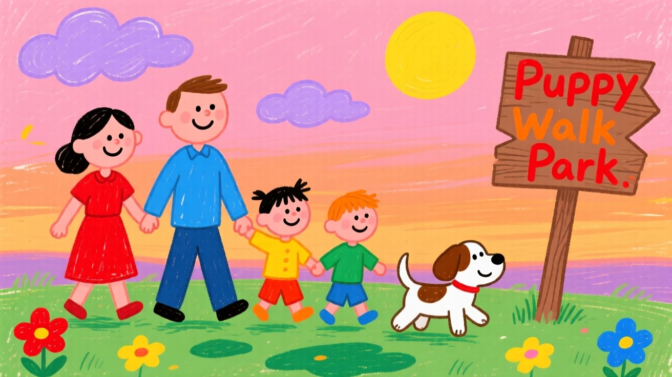 A family walking their puppy together at dusk.