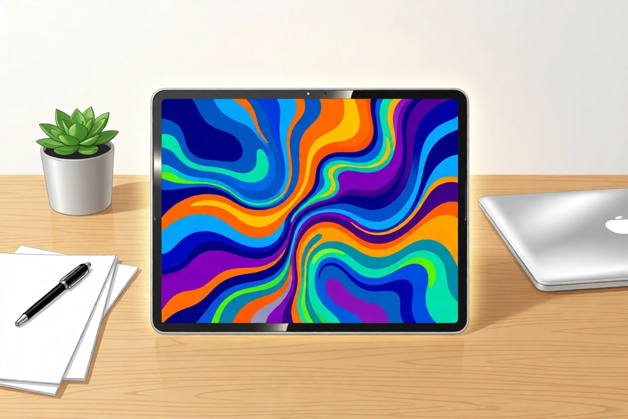 A sleek tablet displaying a colorful abstract painting, set within a calm, organized workspace, framed with soft glowing light highlighting key details, with sleek metallic textures catching soft light.