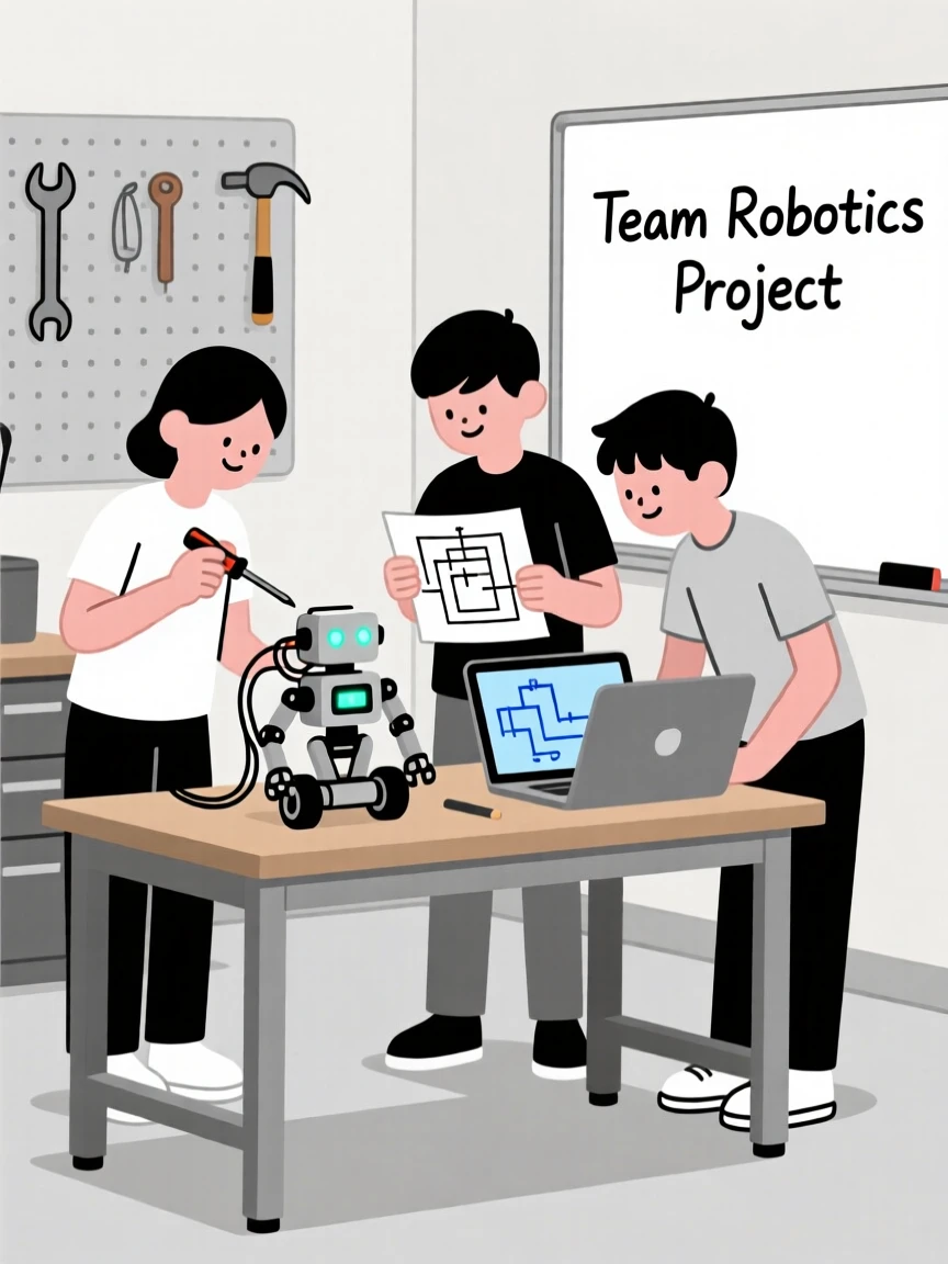 Students collaborating on a robotics project in a school workshop.