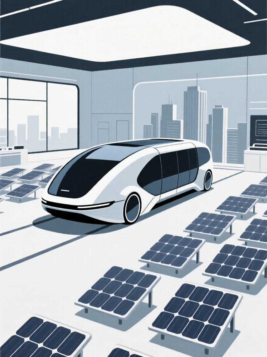 A sleek futuristic city transit pod placed in an innovation showroom, surrounded by rows of solar cells, conveying forward-looking innovation.