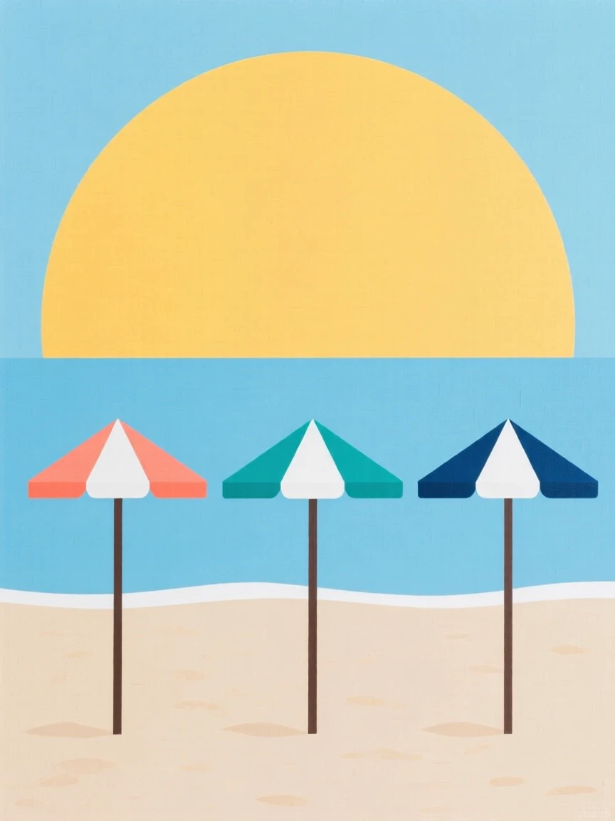 A sun-drenched beach with striped umbrellas in summer