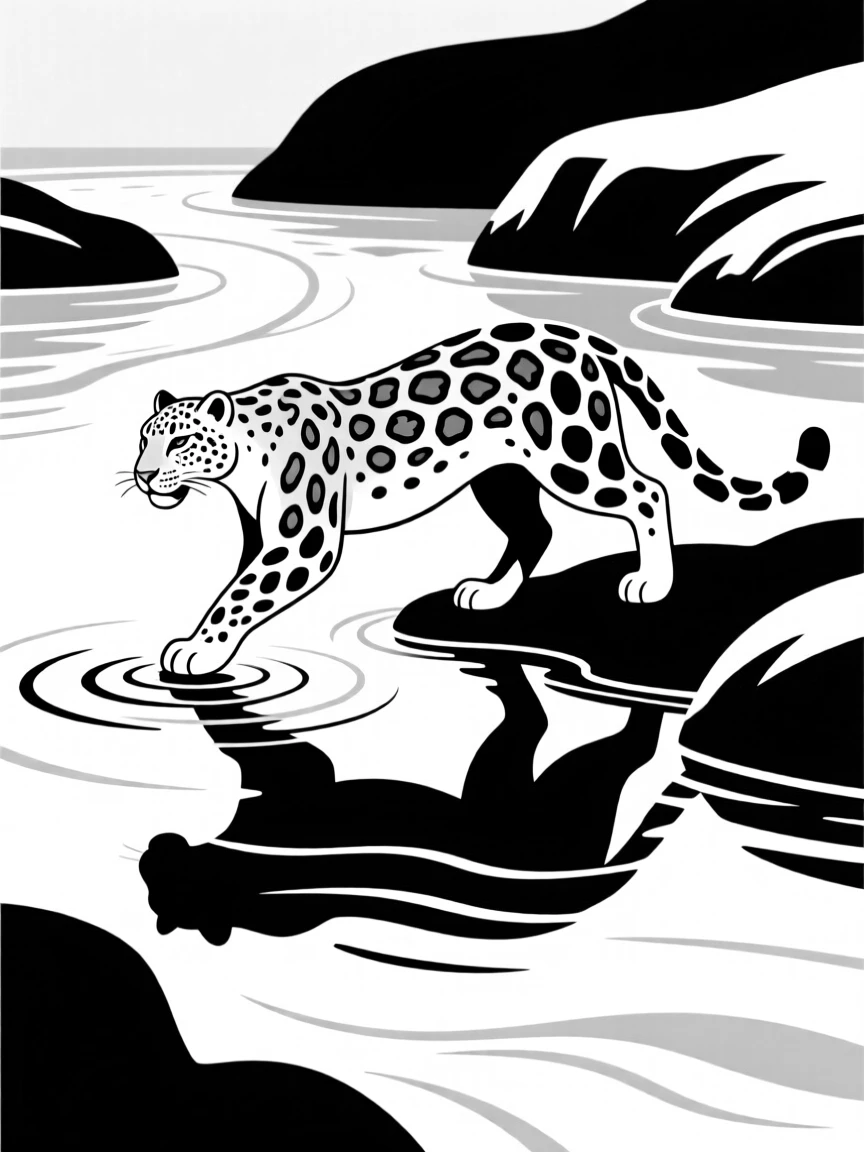 A snow leopard crossing a shallow river.
