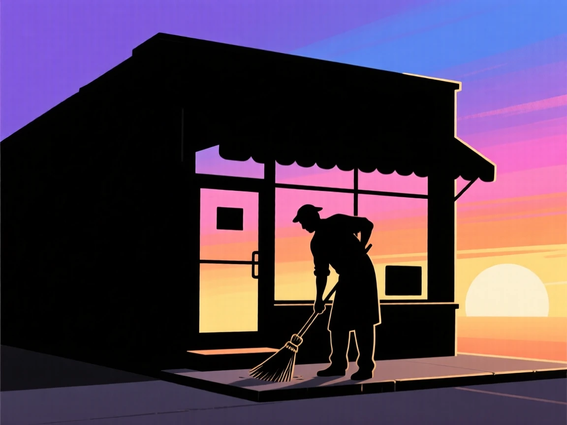 A shopkeeper sweeping the front step of a small corner store at dawn.