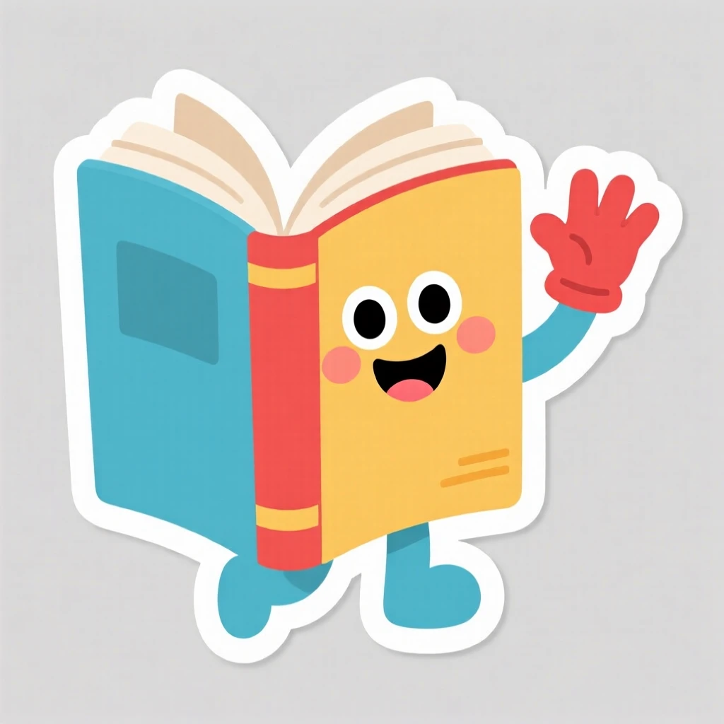 A playfully educational friendly cartoon book character opening its pages wide, waving hello with excitement, perfect for a classroom or nursery.