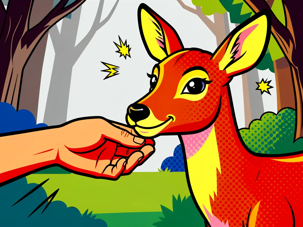 A hand feeding a friendly deer in a quiet woodland clearing