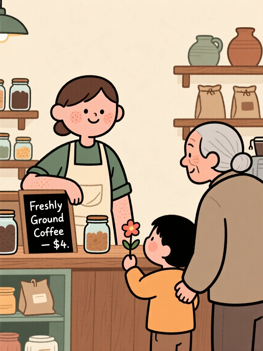 A busy shopkeeper pauses mid-chores to watch a stranger's small act of kindness, a small smile crossing their face at the simple beauty of it.