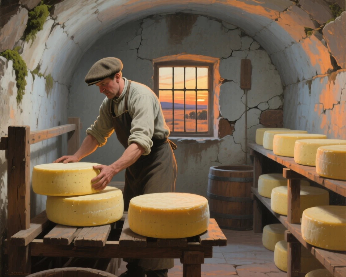 A balanced composition of a cheesemaker turning wheels of cheese in a cool stone cellar, in the Australian outback, in the last light of sunset.