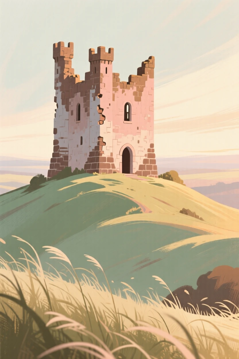 A ruined castle keep standing alone on a windswept hilltop
