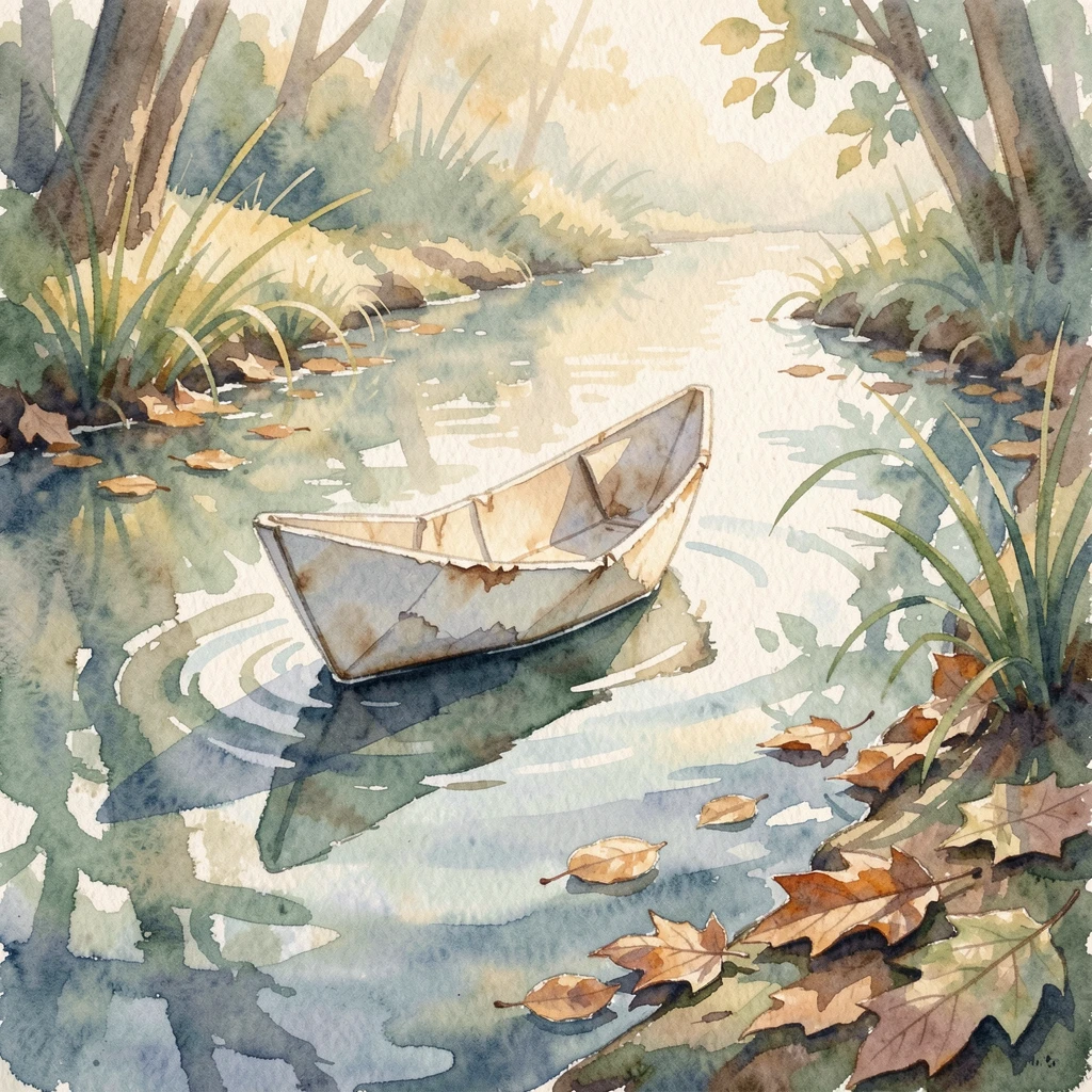A single paper boat floating down a calm stream with a serene and unhurried atmosphere.