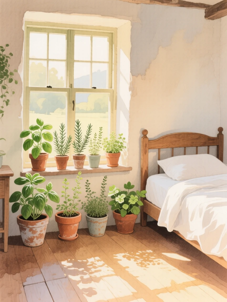 A charming view of a countryside bedroom, with warm sunlight spilling across the floor, featuring a row of potted herbs on the sill
