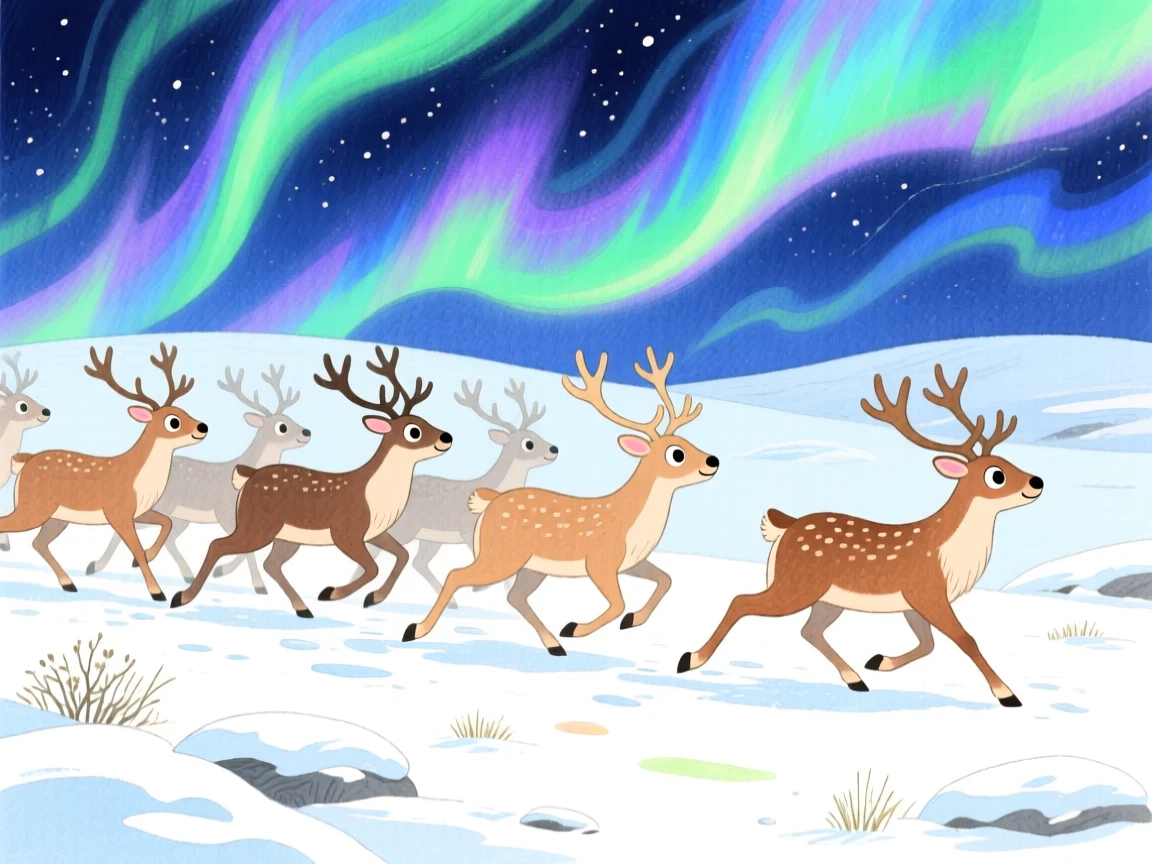 A herd of reindeer trotting across a snowy tundra under the northern lights.