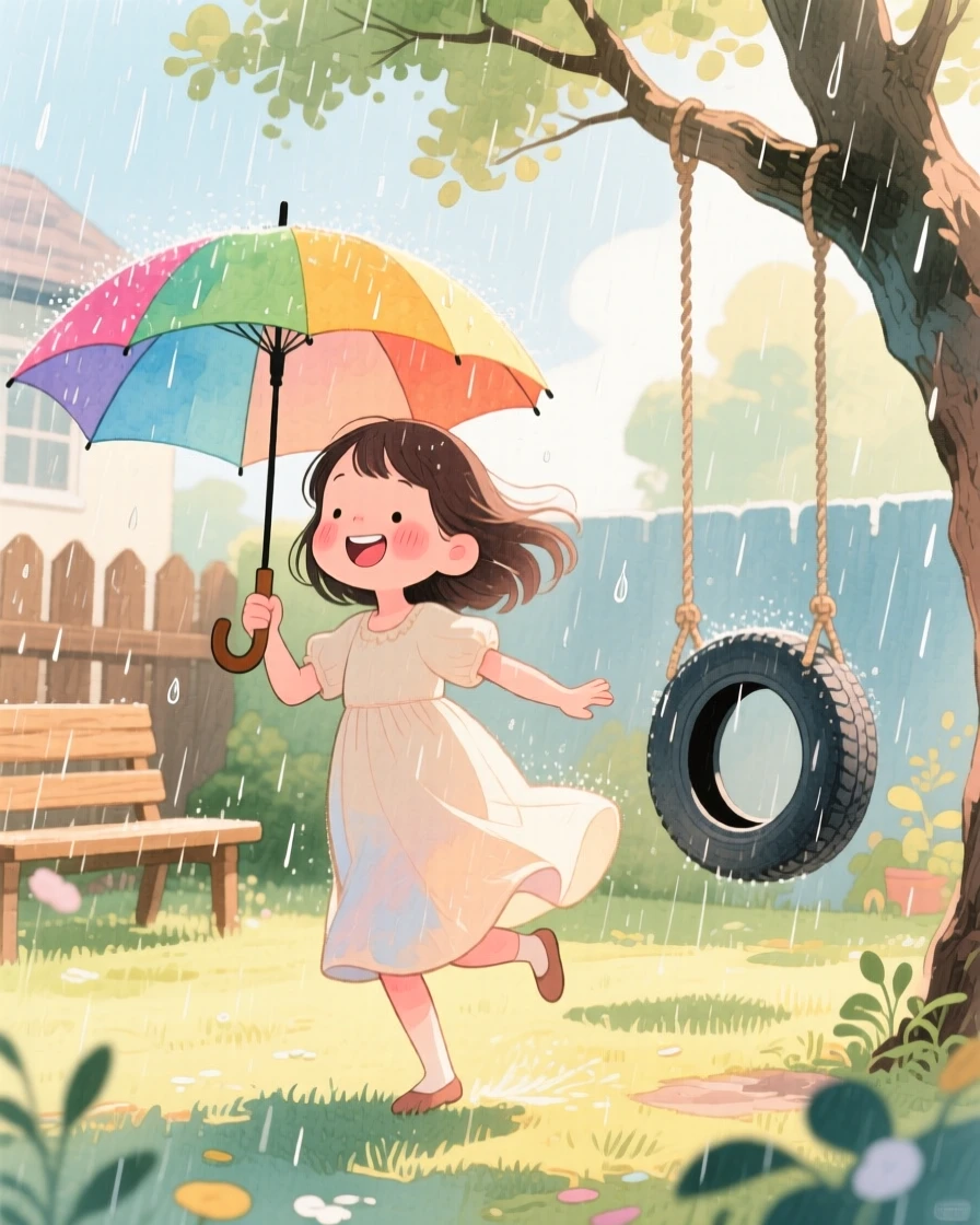 A shy young girl dancing in the rain with an umbrella, in a sunny backyard with a tire swing, full of innocent laughter and delight.