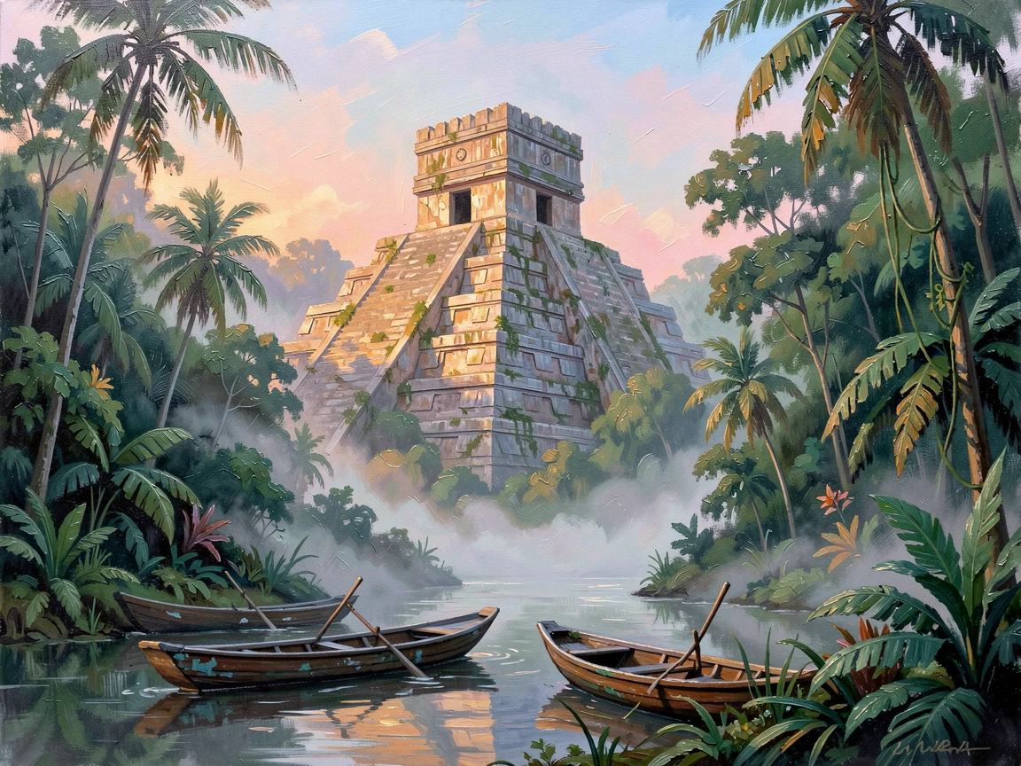At sunrise, mist rising gently from the surrounding valley, an ancient stepped pyramid rising above the jungle canopy, surrounded by dense, misty jungle, boats gliding slowly along the water.
