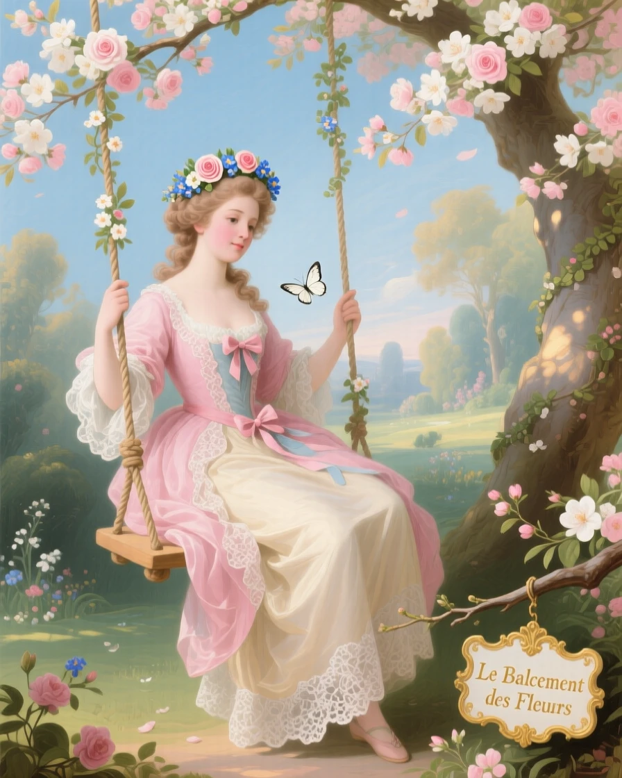 A lady wearing a flower crown on a swing beneath blossoming trees  