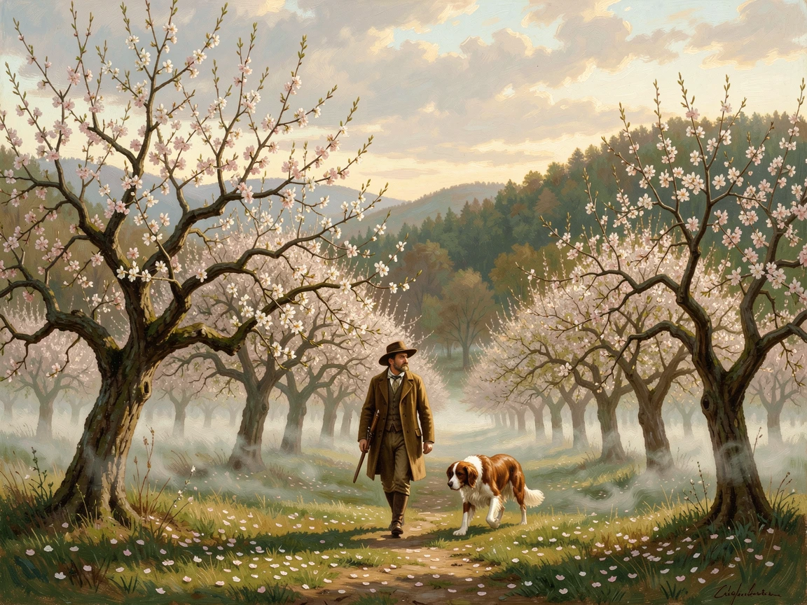 A hunter and his dog cross an orchard in full blossom while mist clings to the ground.
