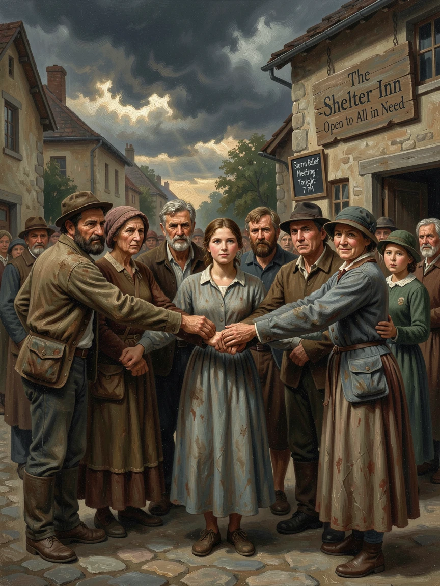 A group of strangers linking arms to protect a stranger from a sudden storm, with the surrounding crowd or community sharing in the emotion, capturing a powerful moment of hope, resilience, and human triumph