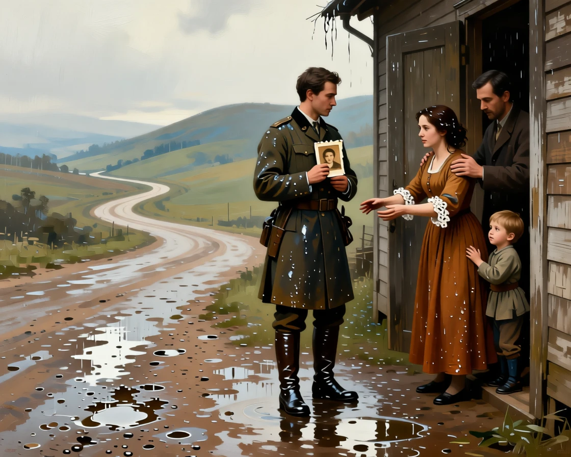A soldier returning home to find his family waiting at the door as tears and gratitude mix in equal measure, set on a rain-soaked road leading toward distant hills, with a faded photograph clutched tightly to a chest; converging paths in the background lead directly to the embracing pair, filled with gratitude, humility, and human warmth.