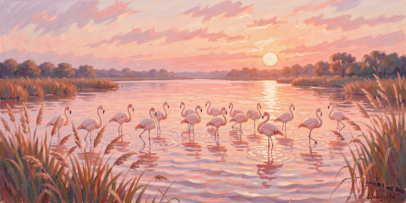 A flock of flamingos wading through a rose-colored lagoon at sunset, conveying a feeling of romance and tranquility.