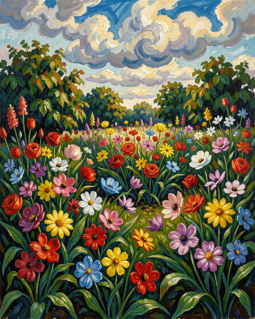 A garden where flowers bloom in colors that shift with the light of passing clouds.