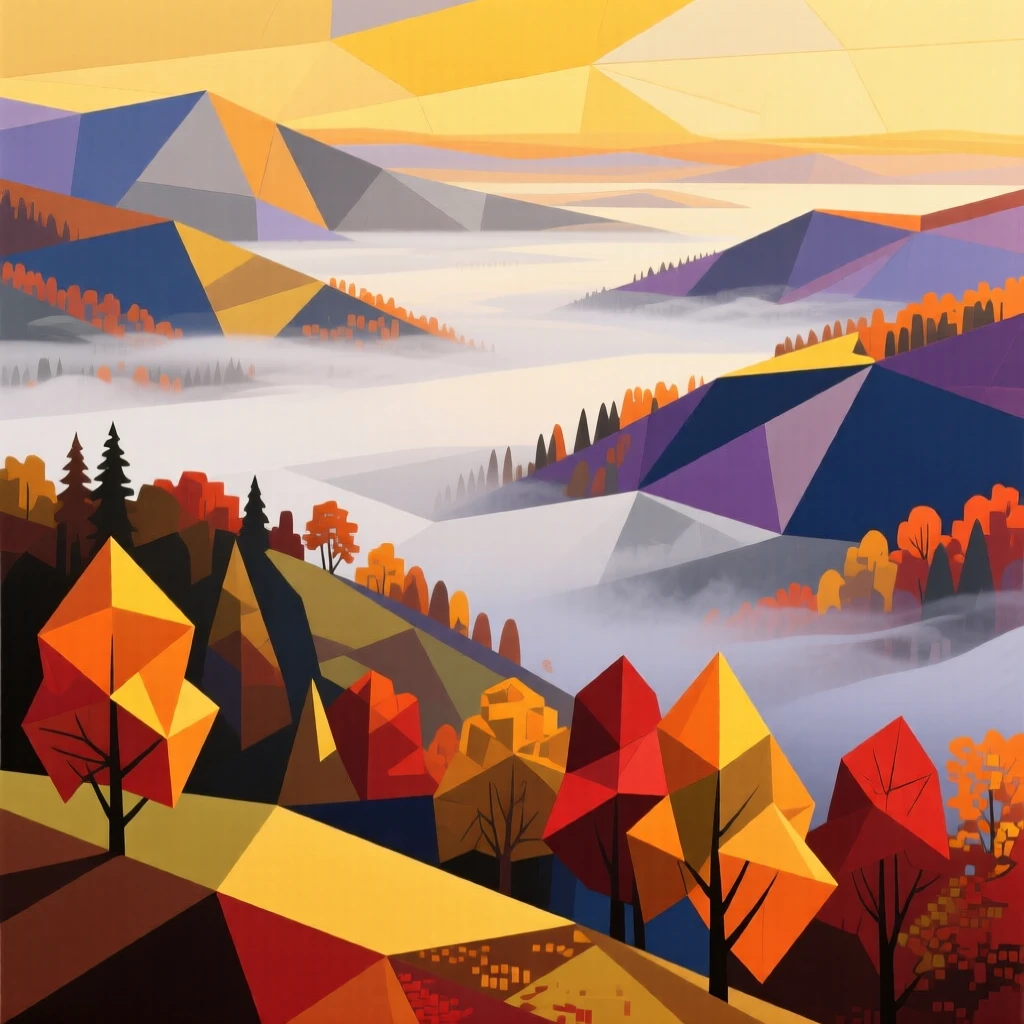 A sweeping wide view of a dense fog-covered valley as golden hour bathes everything in warm light, during vibrant autumn.