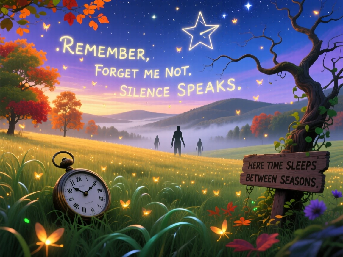 A summer field lit by fireflies that spell out fading words drifts softly through a landscape caught between seasons, as distant hills fade slowly into soft grey mist.