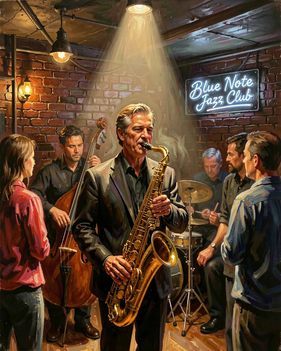 A jazz trio performs in a dimly lit basement club, saxophone gleaming under a single spotlight as the crowd sways along, the surrounding crowd adding energy and movement to the edges of the composition.