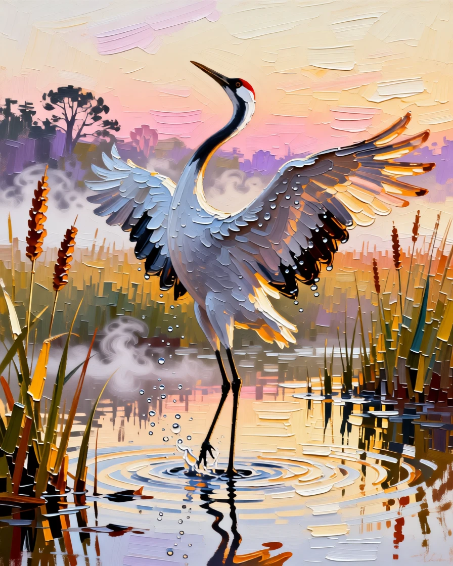 A crane performing an elegant courtship dance in a shallow wetland at dawn