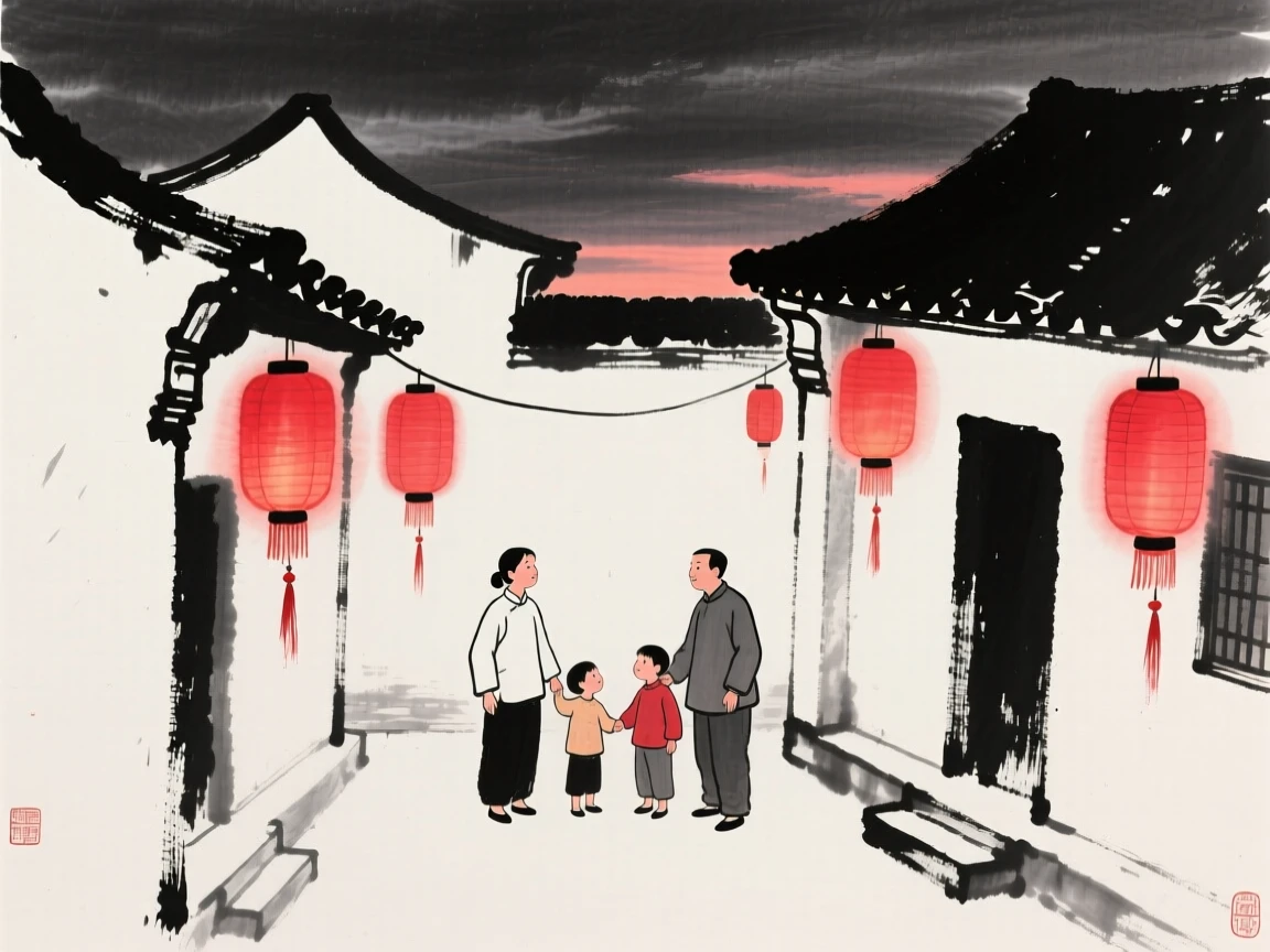 A family hangs red lanterns along the eaves of their courtyard home, as lanterns glow warmly against the evening sky.
