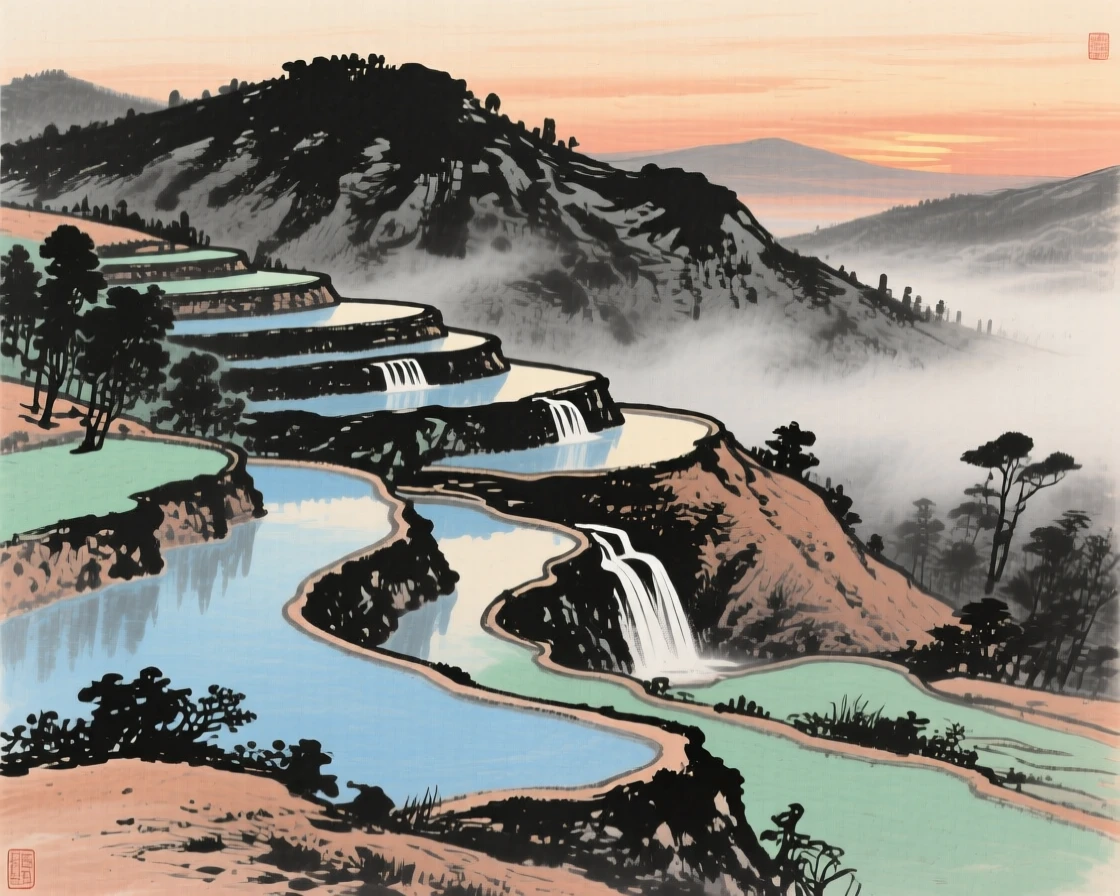 A series of terraced pools cascading down a hillside, at dusk, through a light drifting mist.