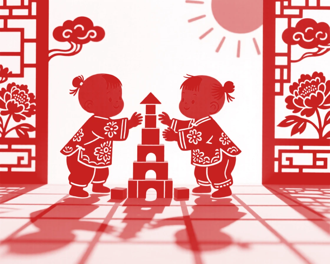 Twin toddlers, building a small tower of blocks in a courtyard, a warm afternoon sun casting long gentle shadows.
