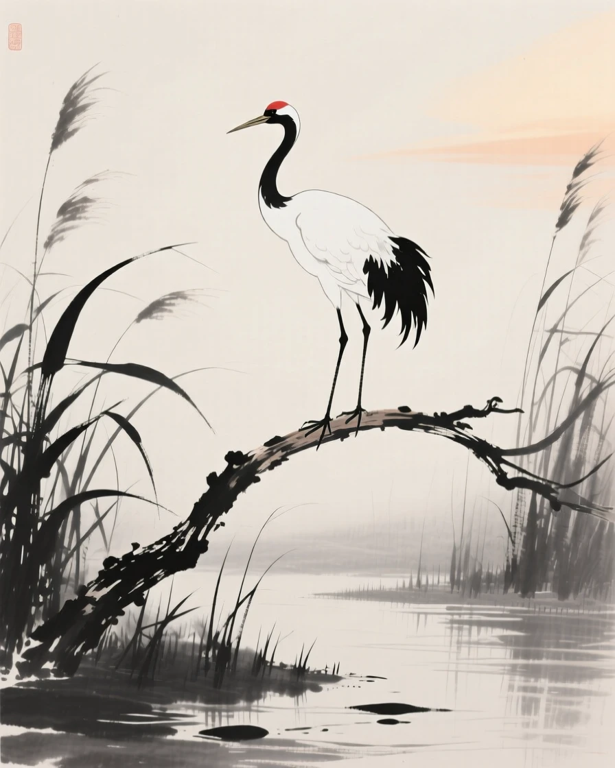 A crane perched together on a curved branch along the edge of a reed-lined marsh, silhouetted softly against the fading light, carrying a quiet, poetic stillness.
