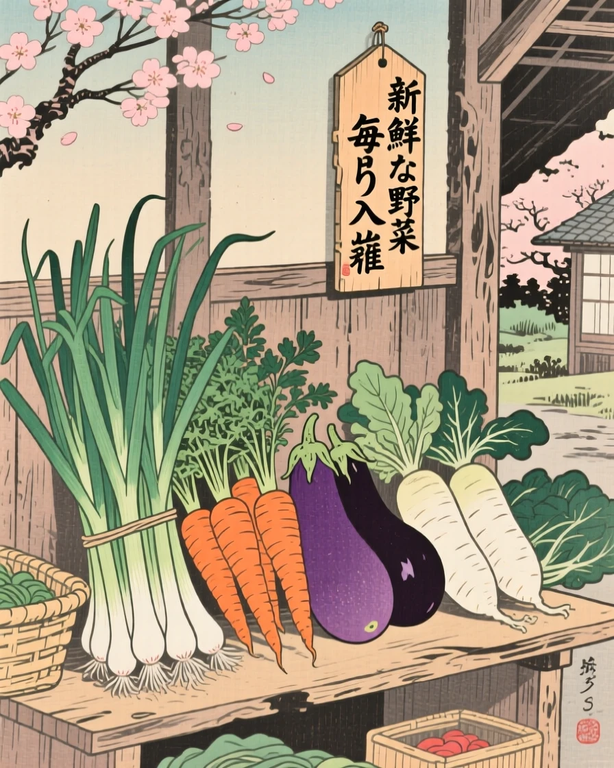A bundle of fresh market vegetables displayed along a workshop wall.