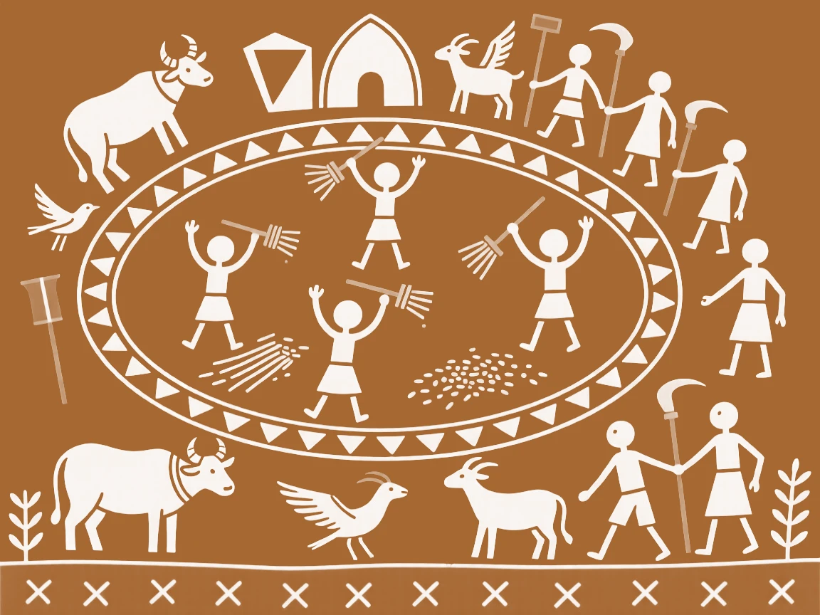 A composition centered on a village threshing circle encircled by a procession of animals and villagers.