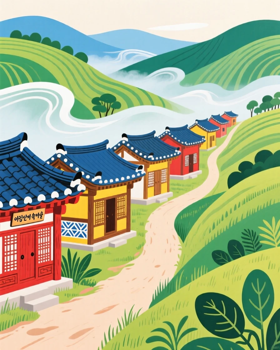 A row of traditional houses, as morning mist rolls through the valley.