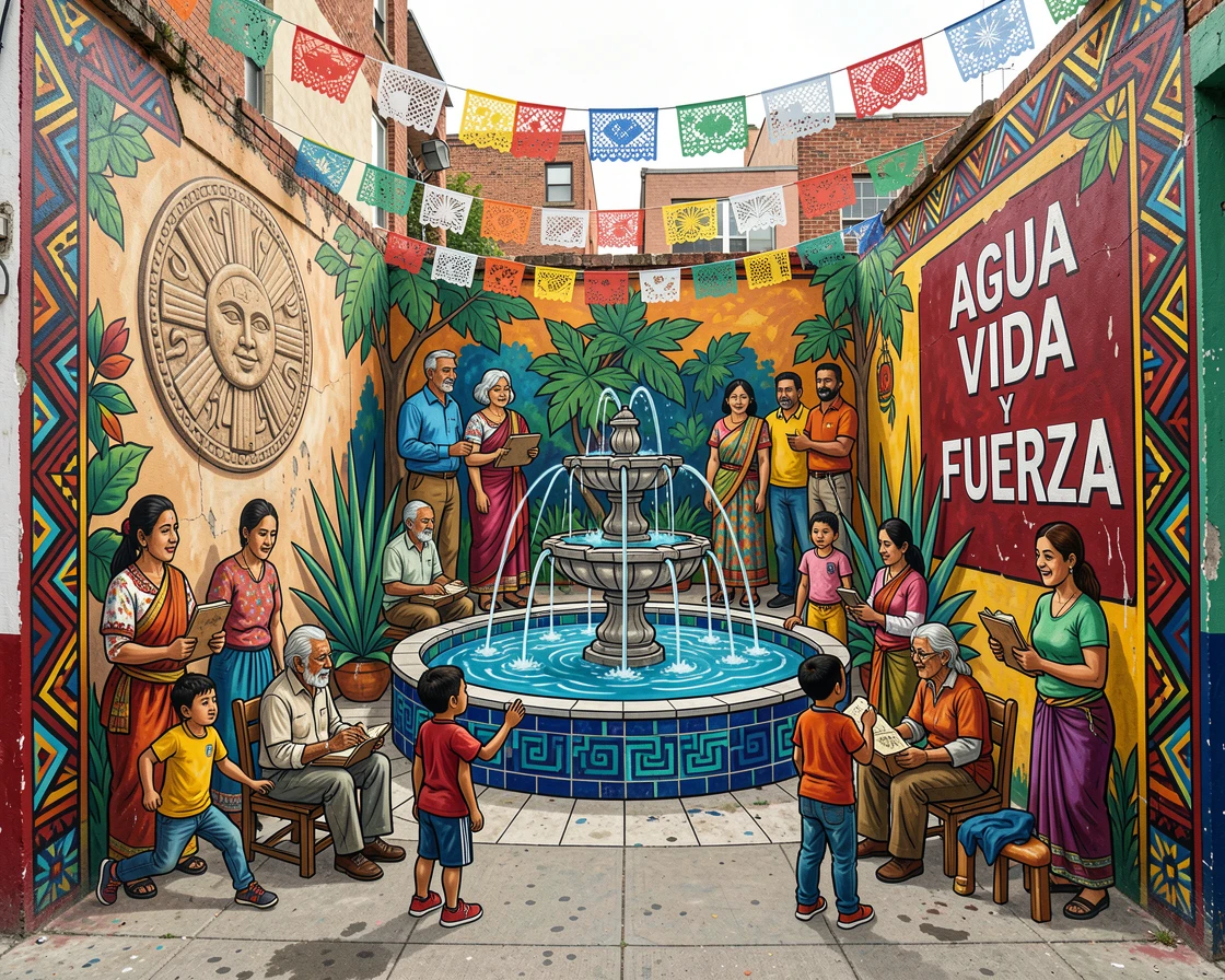 A quiet courtyard fountain hidden within a city block