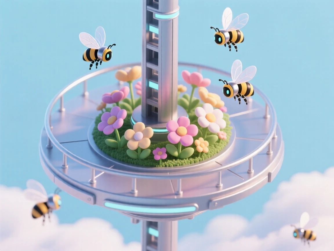 A space elevator garden platform where robotic bees pollinate flowers suspended high above the clouds.