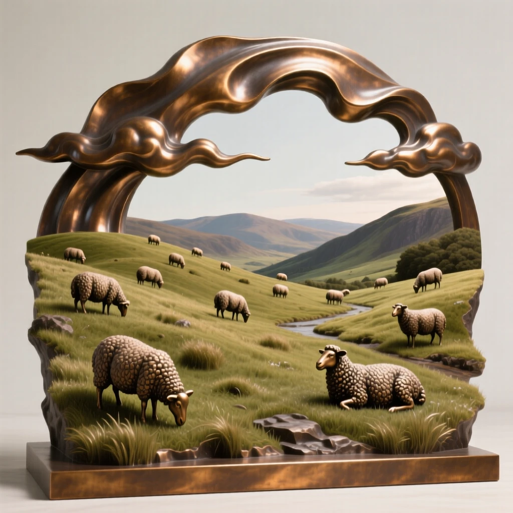 A peaceful highland meadow dotted with grazing sheep, under a vast and dramatic sky, offering a breathtaking sense of place