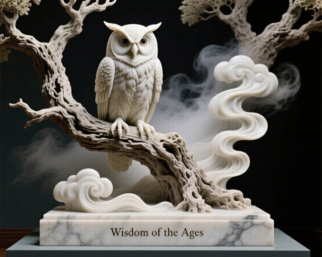 A beautifully composed image of a wise old owl perched in an ancient oak, amid swirling clouds and mist, full of atmosphere and visual storytelling