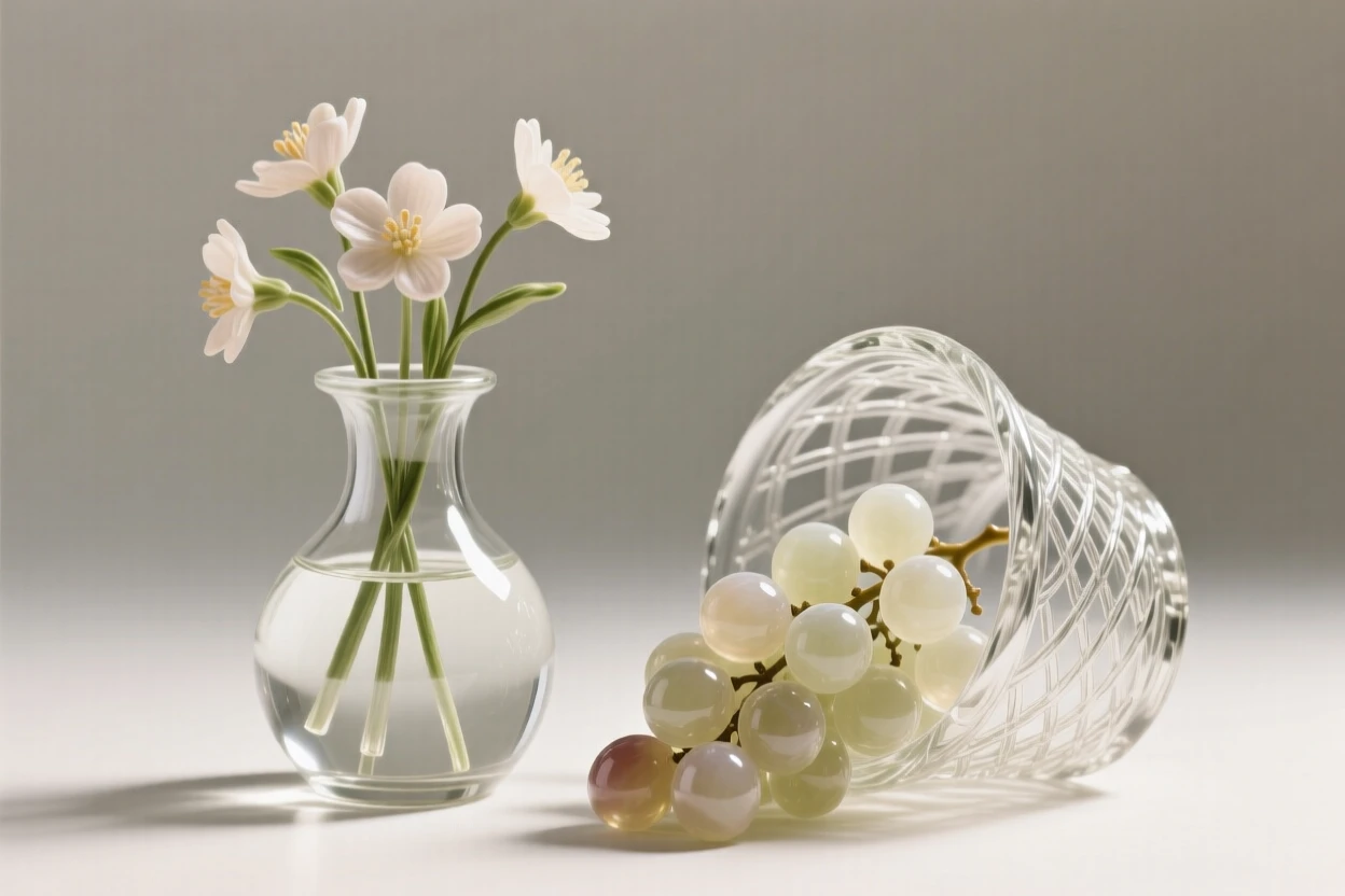 Beside a small vase of freshly cut flowers, a bunch of grapes spilling from an overturned basket, while the scent of fresh baking fills the room