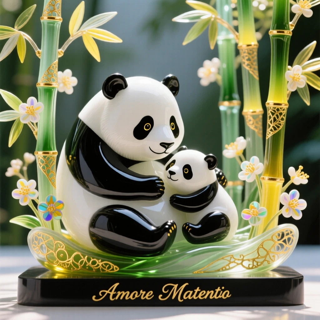 A mother panda and cub resting together among blooming bamboo groves at midday, tender and endearing.
