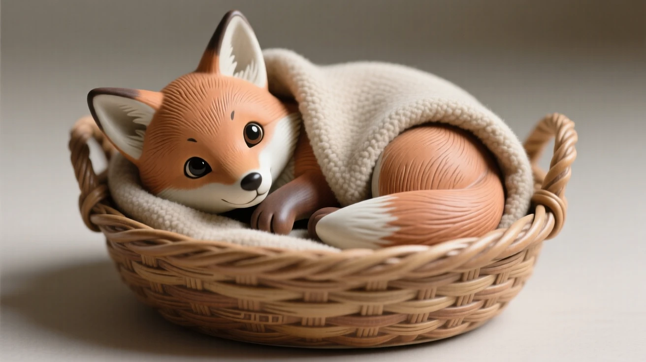 A wide-eyed baby fox curled in a basket frozen in a moment of pure innocent charm, wrapped snugly in a soft cozy blanket, conveying gentle warmth perfect for any family space.