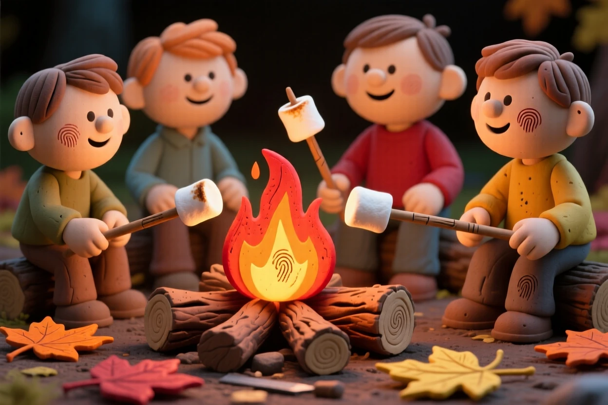 An autumn bonfire surrounded by friends roasting marshmallows