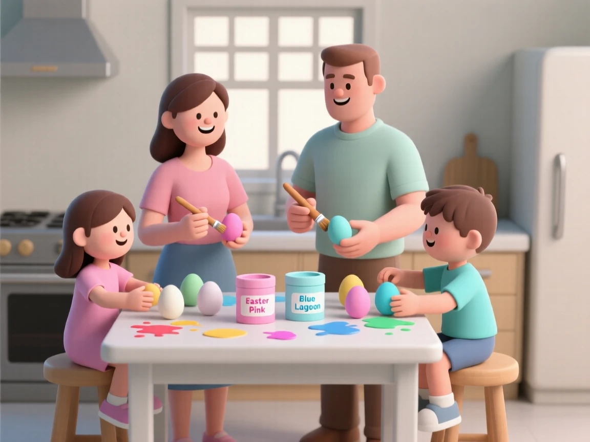 A cheerful family decorates Easter eggs together at a kitchen table splattered with colorful dye.