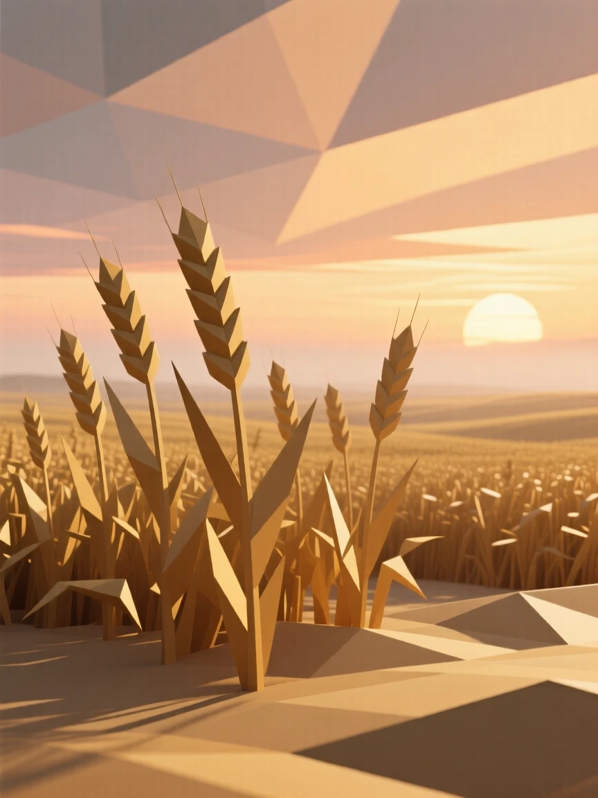 A golden wheat field swaying in the wind, beneath a sky painted in sunset hues. fine atmospheric haze adds depth to the distance. The scene feels vast and awe-inspiring.