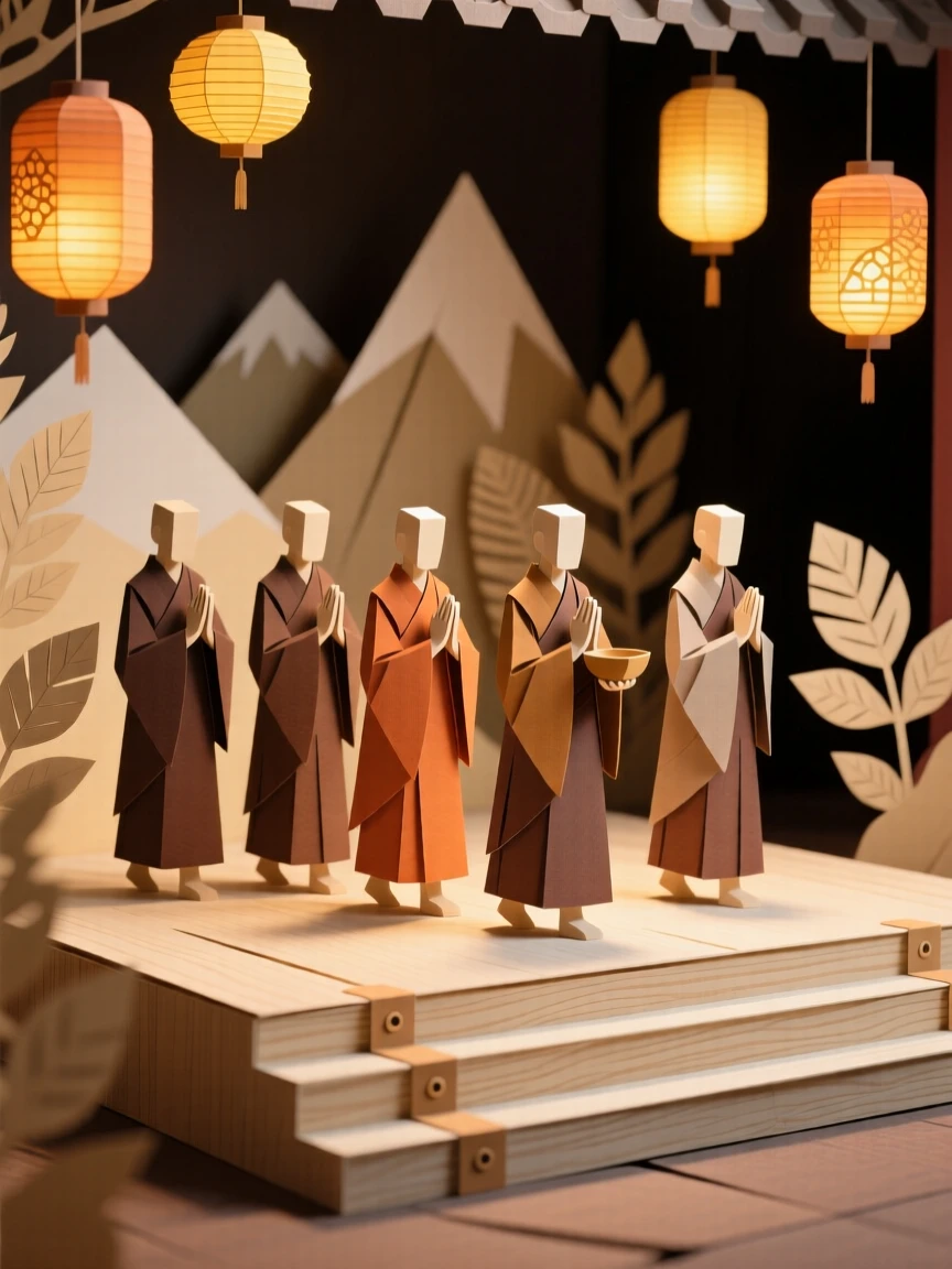 A quiet monk's morning procession performed on a warmly lit stage, with delicate details evident in every gesture, evoking timeless artistry and devotion.
